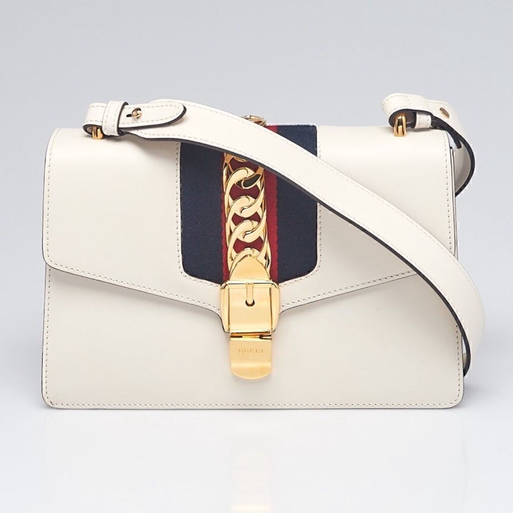 GUCCI White Calfskin Leather Small Sylvie Shoulder Bag